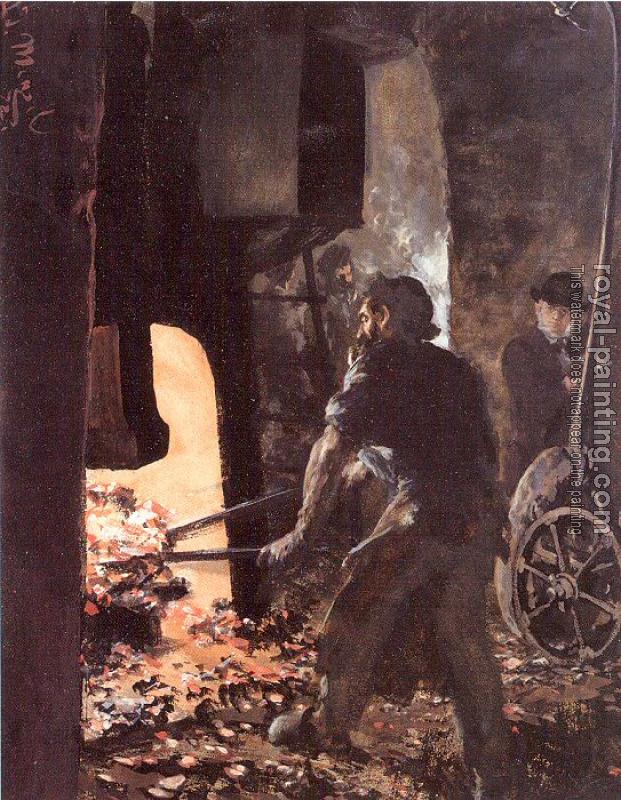 Adolph Von Menzel : Self-Portrait with Worker near the Steam-hammer